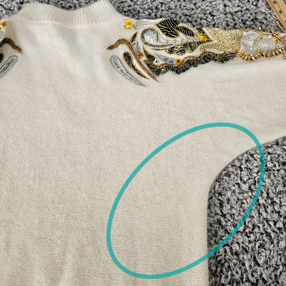 Vintage Cedars Angora Silk Wool Sweater Small Embellished 80s 90s Off White Gold - Picture 10 of 14